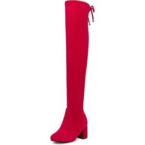 Women's Red Suede Chunky Heels Zipper Over The Knee High Adjustable Opening Boot